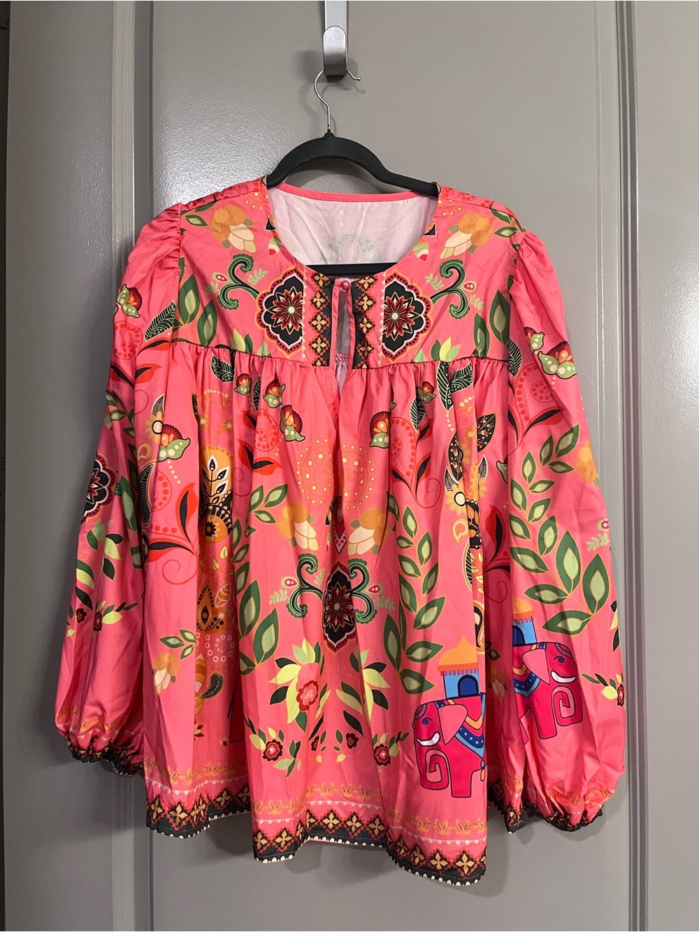 SHEIN Coral Pink Floral & Elephant Peasant Tunic